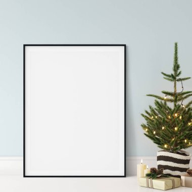 Oturma odasının içi İskandinav tarzında. Noel ağacı, oyuncaklar, hediye kutuları. Duvar Modeli. Poster Mockup. Canva Mockup. 3d görüntüleme, 3d illüstrasyon