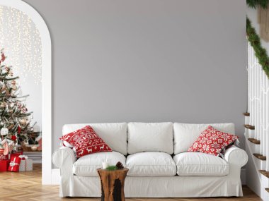 Oturma odasının içi İskandinav tarzında. Noel ağacı, oyuncaklar, hediye kutuları. Duvar Modeli. Poster Mockup. Canva Mockup. 3d görüntüleme, 3d illüstrasyon