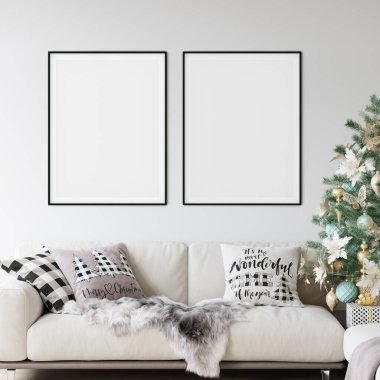 Oturma odasının içi İskandinav tarzında. Noel ağacı, oyuncaklar, hediye kutuları. Duvar Modeli. Poster Mockup. Canva Mockup. 3d görüntüleme, 3d illüstrasyon