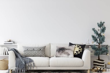 Oturma odasının içi İskandinav tarzında. Noel ağacı, oyuncaklar, hediye kutuları. Duvar Modeli. Poster Mockup. Canva Mockup. 3d görüntüleme, 3d illüstrasyon