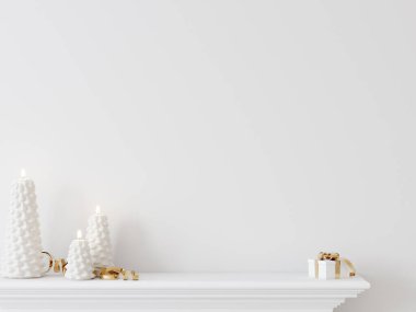 Oturma odasının içi İskandinav tarzında. Noel ağacı, oyuncaklar, hediye kutuları. Duvar Modeli. Poster Mockup. Canva Mockup. 3d görüntüleme, 3d illüstrasyon