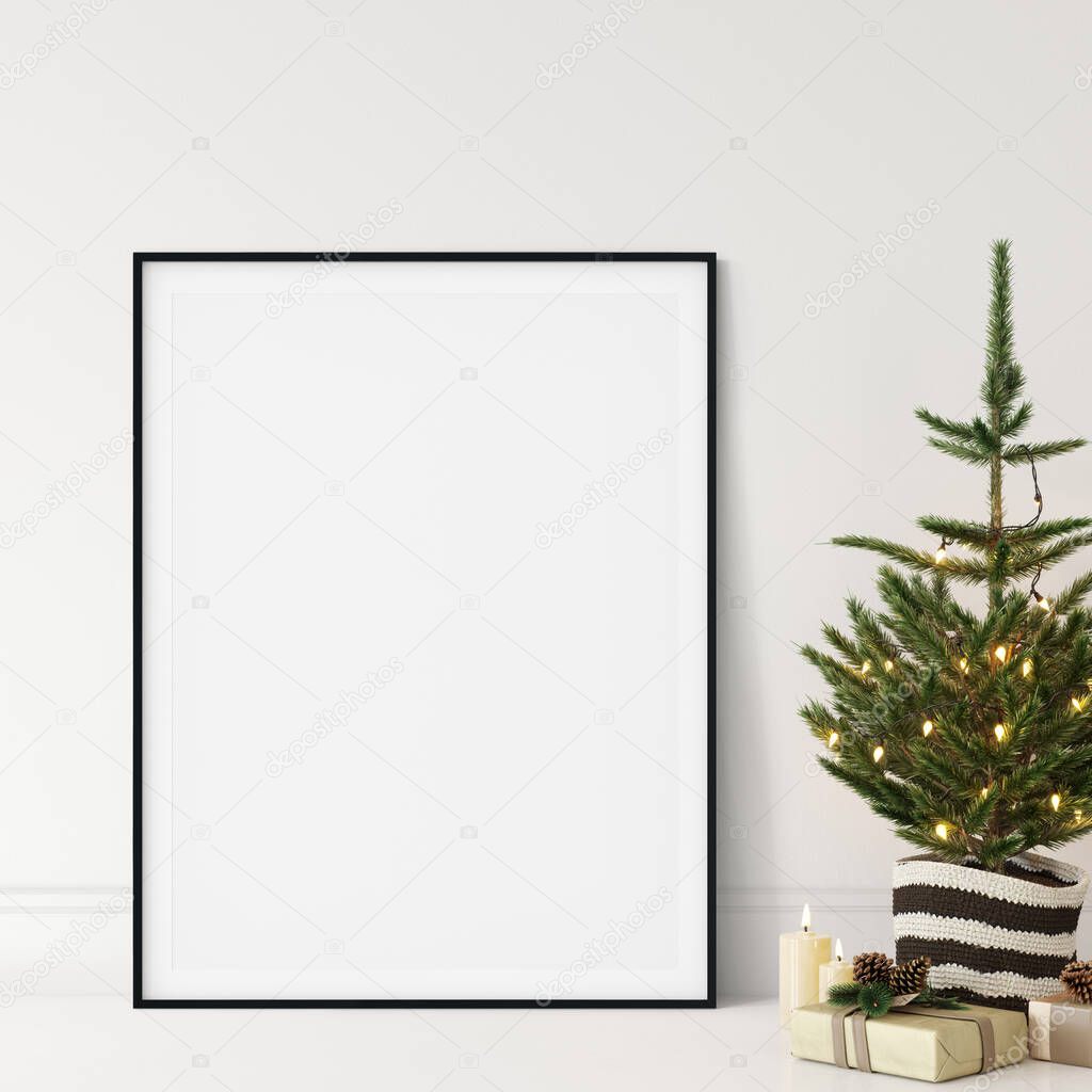 Living Room Christmas interior in Scandinavian style. Christmas tree, toys, gift boxes. Wall Mockup. Poster Mockup. Canva Mockup. 3d rendering, 3d illustration