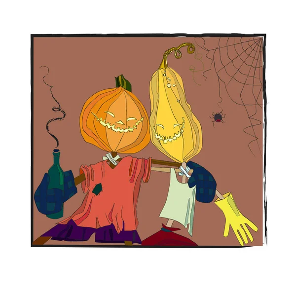 Halloween holiday. cute pumpkin character. couple of friends at a party