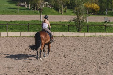 Genç kadın jokey atlar üzerinde güzel bir kahverengi at binme