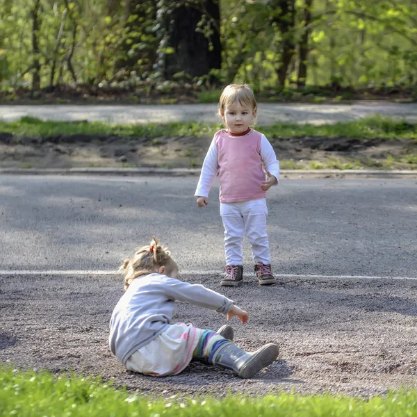 Zwei Kleine Mädchen Spielen Einem Grünen Park Eines Von Ihnen — Stockfoto