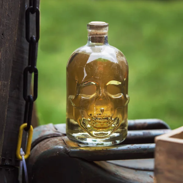 Ancient Glass Bottle Shape Skull Filled Colored Liquid — Stock Photo, Image