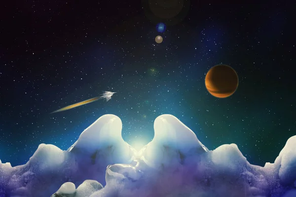 view from an unknown ice planet of blue color on a spaceship flying to a yellow-red planet in space, an abstract illustration of other worlds