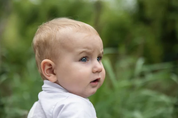 Kis Kék Szemű Gyermek Szőke Haja Úgy Néz Nagyon Figyelmesen — Stock Fotó