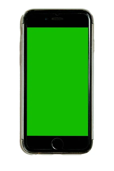 Beyaz arka plan üzerinde izole yeşil chroma anahtar dokunmatik ekran koruyucu durumda akıllı telefon