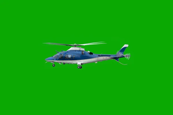 Fehér és kék helikopter repülés, zöld chroma elszigetelt — Stock Fotó