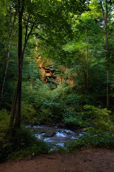 Ancient Roman Quarry next to a Mountain river - stream flowing through thick green forest, Bistriski Vintgar, Slovenia — Stock Photo, Image