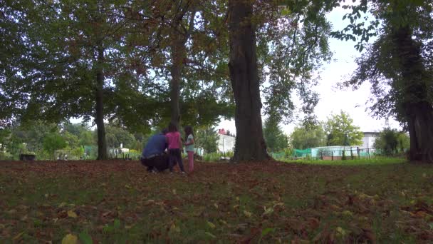 Padre caminando con hijas en el parque en el follaje de otoño — Vídeos de Stock