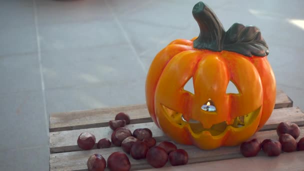 Zucca di Halloween con decorazione di castagne su scatola di legno — Video Stock