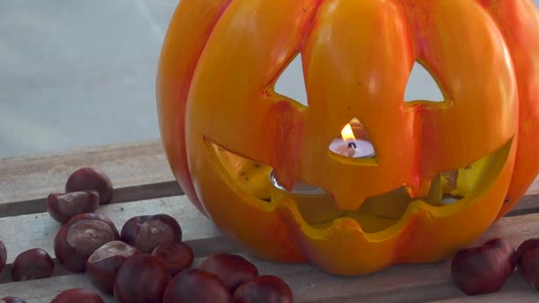 Halloween Pumpkin with Chestnuts Decoration on wooden box — Stock Video