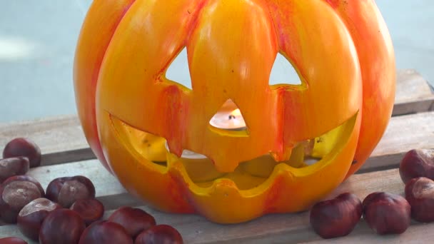 Calabaza de Halloween con castañas Decoración en caja de madera — Vídeos de Stock