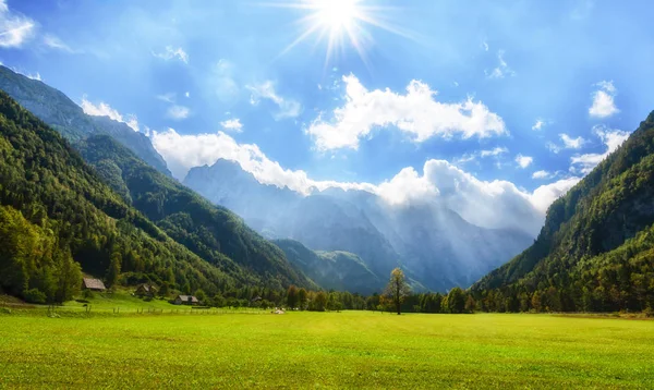 Alpesi völgy Logarska dolina, Szlovénia — Stock Fotó