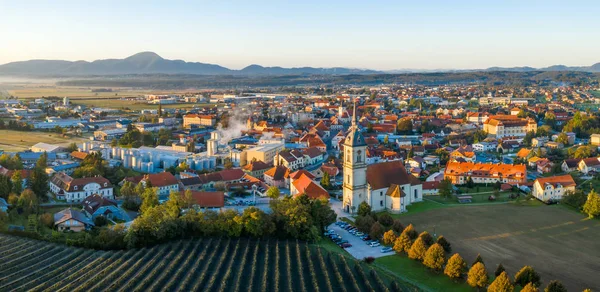 Vista panorámica aérea de la pequeña ciudad medieval europea Slovenska Bistrica, Eslovenia con iglesia y castillo — Foto de Stock