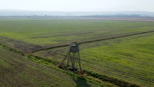 Περιστρεφόμενη Αεροφωτογραφία της μια κενή ξύλινη κυνήγι επιφυλακή στη μέση γεωργία πεδία σε αγροτικές Σλοβενία — Αρχείο Βίντεο