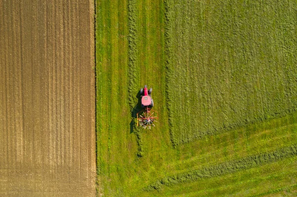 Tractor rojo windrowing heno, vista aérea de arriba hacia abajo —  Fotos de Stock