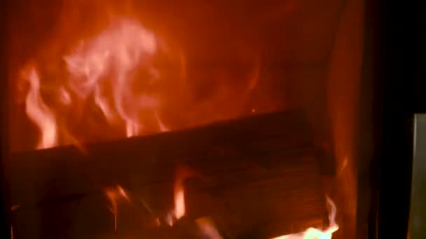 Fuego en la estufa, de cerca, leña ardiendo — Vídeo de stock