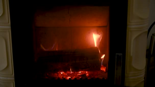 Yerli ev ahşap yanan soba — Stok video