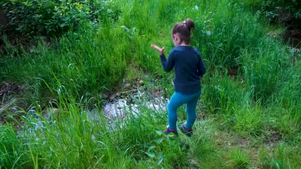 Bambina gioca con un coltello in natura, tagliando l'erba in un piccolo ruscello nel bosco, coltello di sopravvivenza all'aperto, strumento utilizzato da un bambino — Video Stock