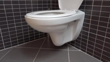Klozet, siyah ve gri fayans ile modern banyoda lavabo, 4k Uhd, açık kapak, atış kadar tilt, siyah ve beyaz kontrast