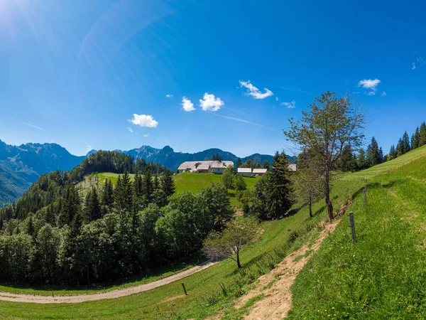 Paisaje de montaña, Alpes en Eslovenia con finca y prados florecientes —  Fotos de Stock