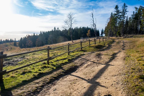 Hiking trail in mountains with wooden fence along the path Royalty Free Stock Photos