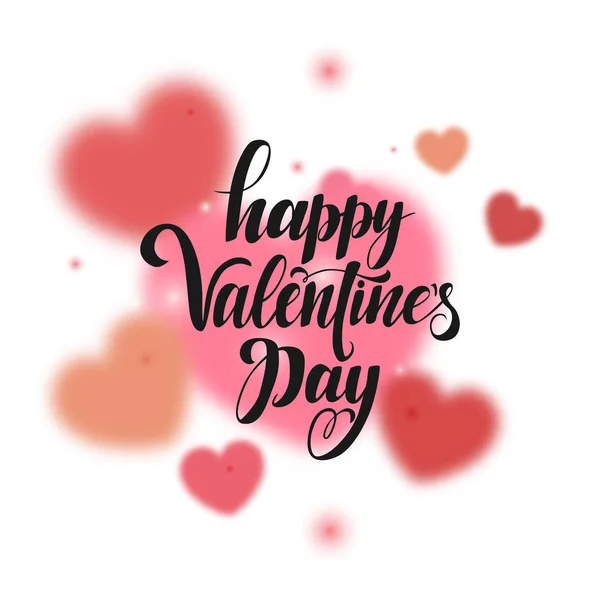 Happy Valentine\'s Day inscription, vector lettering. Decorative background with red and pink vector blurred hearts. Hand written greeting card template for Valentine\'s day. Isolated typography print.