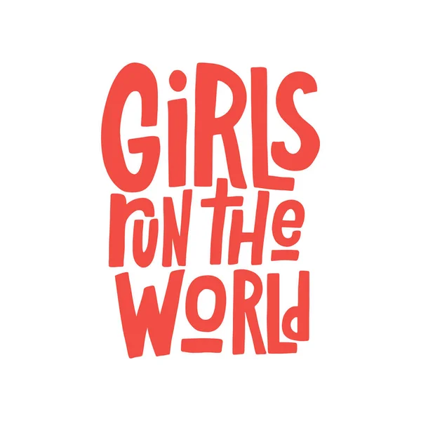 Gadis Menjalankan Vektor Tangan Dunia Huruf Terisolasi Latar Belakang Putih - Stok Vektor