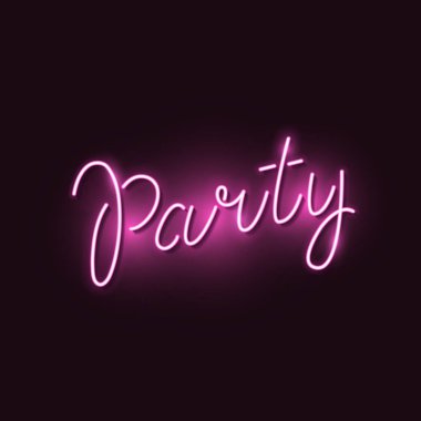 Pembe parlak vektör yazıt Parti, vektör neon işareti. Yalıtılmış tasarım öğesi. Retro işaret tahtası.