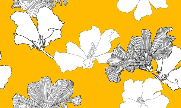 Красивий Безшовний Квітковий Візерунок Чорно Білими Квітами Яскраво Жовтому Фоні — стоковий вектор