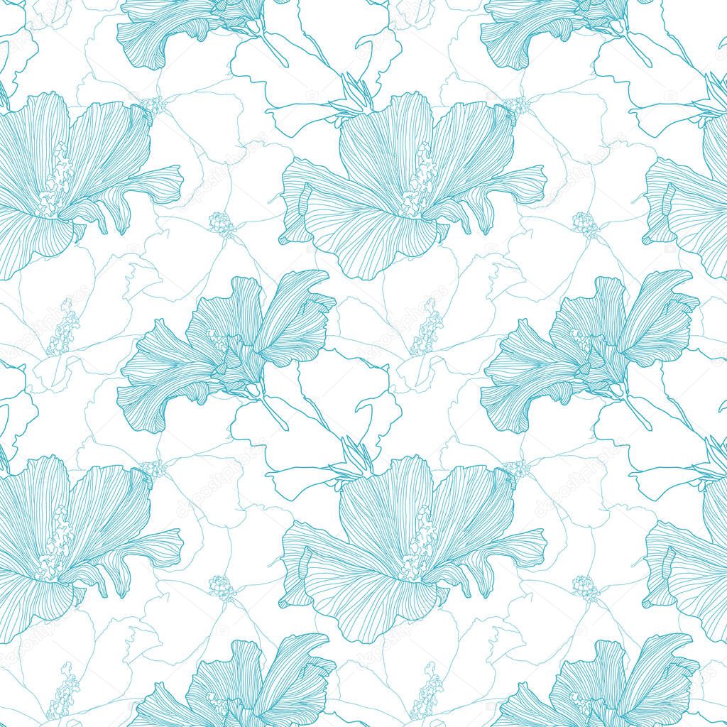 beautiful seamless floral pattern with elegant blue flowers on white background, vector illustration