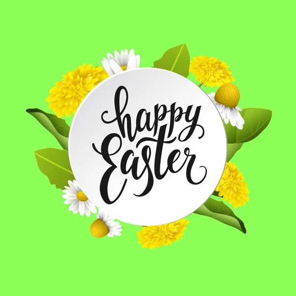 Happy Easter vector lettering in white round banner. Floral design elements.Hand written design element for card, poster. Modern calligraphy for spring and easter design. Dandelions and daisy flowers.