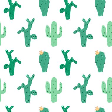 Beyaz arka plan üzerinde izole karikatür yeşil kaktüsler ile Dikişsiz desen 