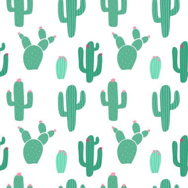 Beyaz arka plan üzerinde izole karikatür yeşil kaktüsler ile Dikişsiz desen 