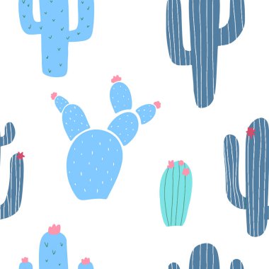Beyaz arka plan üzerinde izole karikatür mavi kaktüsler ile dikişsiz desen