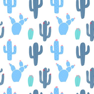 Beyaz arka plan üzerinde izole karikatür mavi kaktüsler ile dikişsiz desen