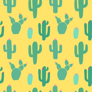 Parlak sarı arka plan üzerinde karikatür yeşil kaktüsler ile Dikişsiz desen