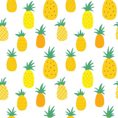 Beyaz arka plan üzerinde izole sarı ananas ile dikişsiz desen 