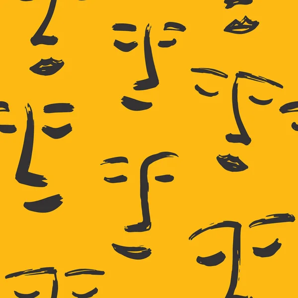 Parlak sarı arka plan üzerinde minimalist el çizilmiş yüzler ile kesintisiz desen 