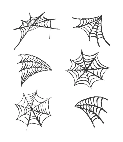 ベクトルクモの巣のセット。ハロウィーンのデザインのための手描きの装飾的なクモの巣の要素. — ストックベクタ