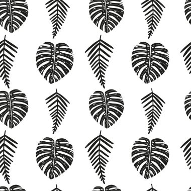 Vektör el tropikal yaprakları ile soyut dikişsiz desen çizilmiş. Yaz tasarımı, sarma için egzotik çiçek grafik baskı, kağıt kapak, tekstil, kumaş, kumaş.