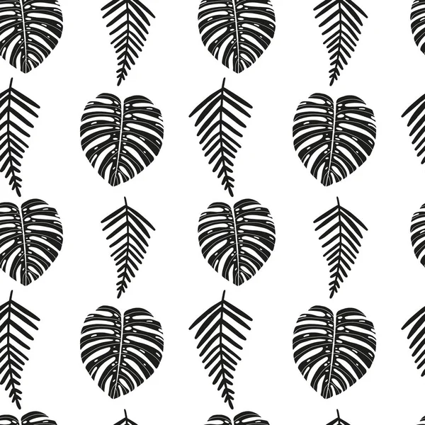 Vector mão desenhado padrão sem costura abstrata com folhas tropicais. Design de verão, estampa gráfica floral exótica para embrulho, capa de papel, têxtil, tecido, pano . — Vetor de Stock