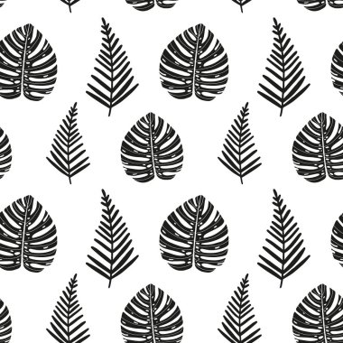 Vektör el tropikal yaprakları ile soyut dikişsiz desen çizilmiş. Yaz tasarımı, sarma için egzotik çiçek grafik baskı, kağıt kapak, tekstil, kumaş, kumaş.
