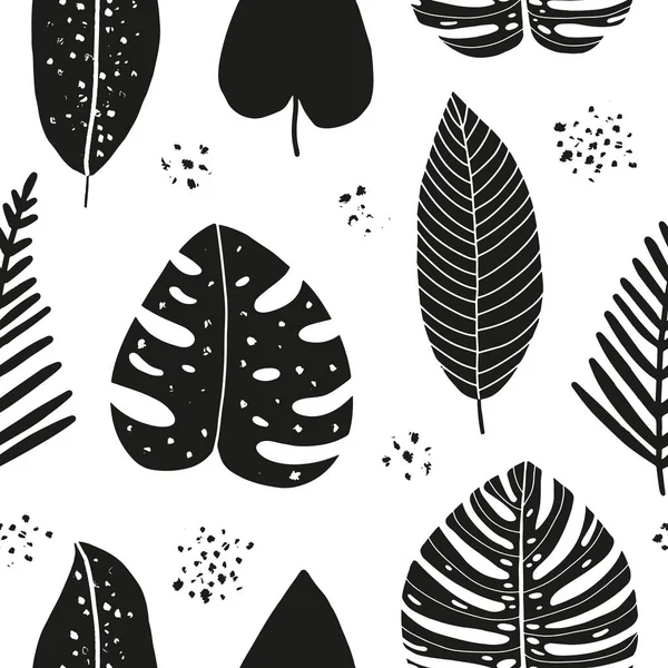 Vector mão desenhado padrão sem costura abstrata com folhas tropicais. Design de verão, estampa gráfica floral exótica para embrulho, capa de papel, têxtil, tecido, pano . — Vetor de Stock