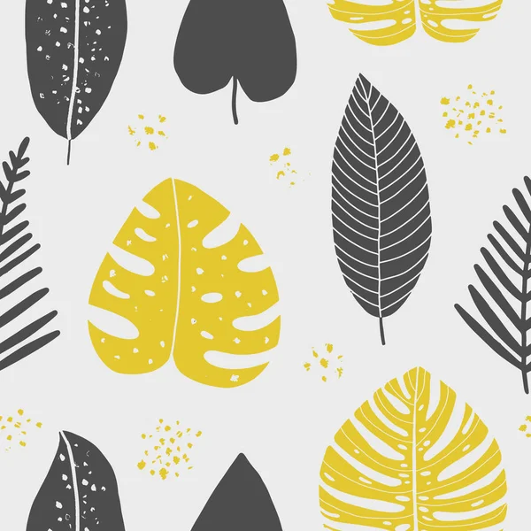 Vector hand drawn abstract seamless pattern with tropical leaves. Summer design, exotic floral graphic print for wrapping, paper cover, textile, fabric, cloth. — Stock Vector