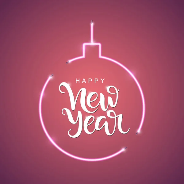 Mutlu Yıllar yazı yazı. El yazısı kartı. Noel için modern hat sanatı. Vektör neon işareti. Parlak vektör neon topu ile soyut arka plan. 