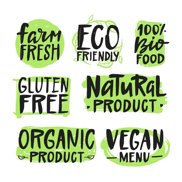 Organik, vegan, biyo, doğal, elle çizilmiş vektör etiketleri. El yazısı tipografi.